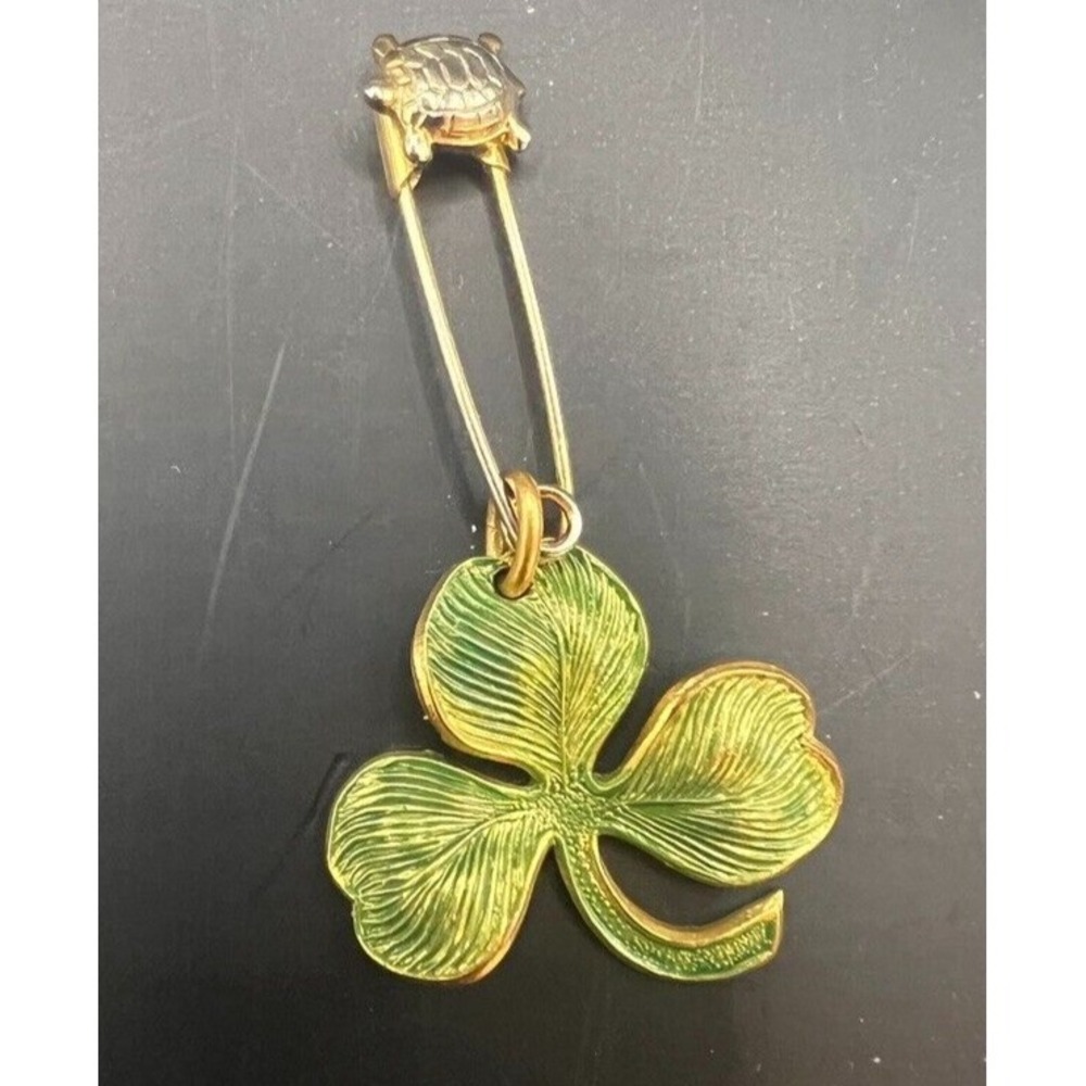 3 Leaf Clover & Turtle Brooch Pin Irish St Patrick Patty's Day Green & Gold Tone